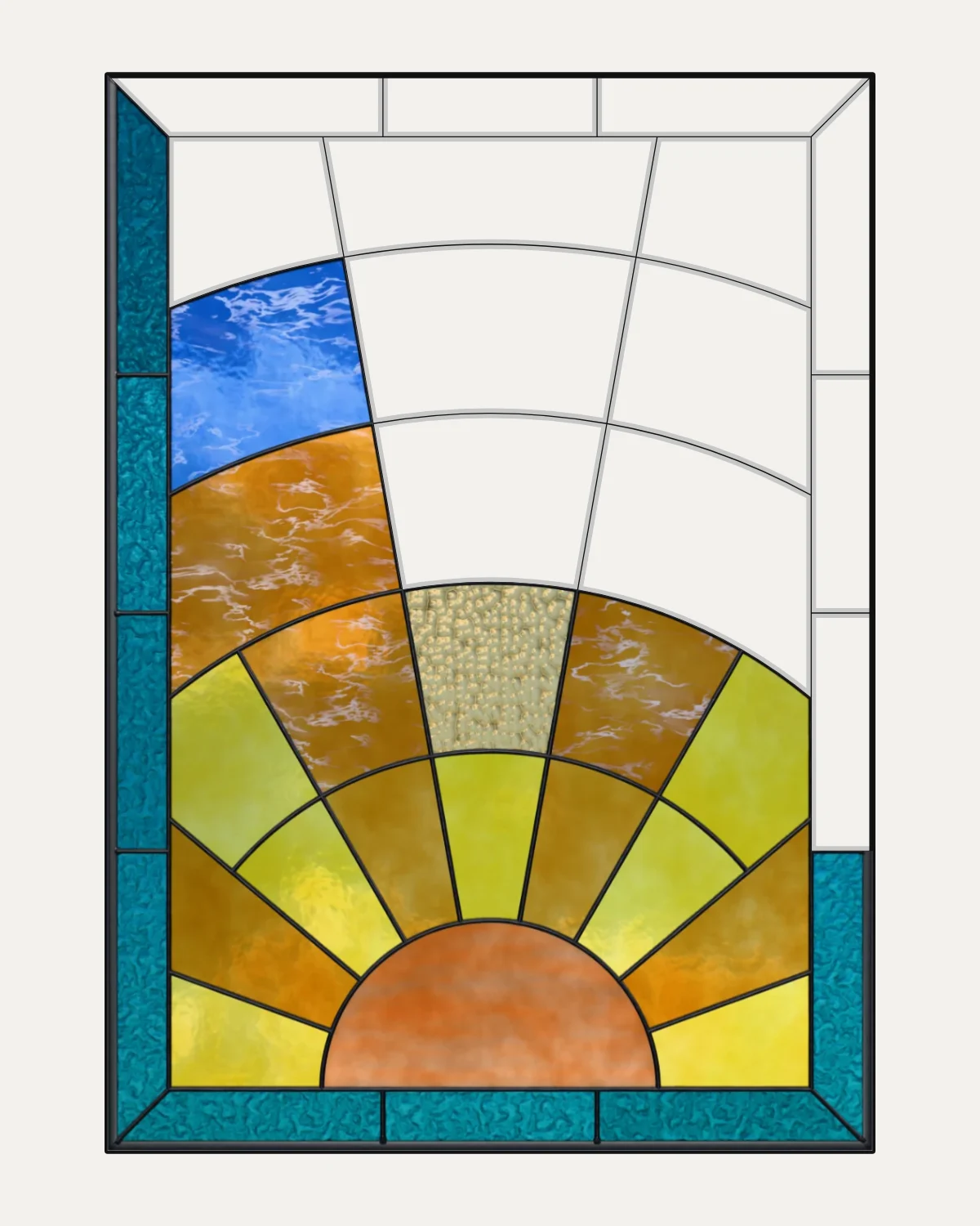 An Art Deco sunburst being glazed on its plan: a setting sun in rings of amber and yellow under a blue sky, in a teal frame.