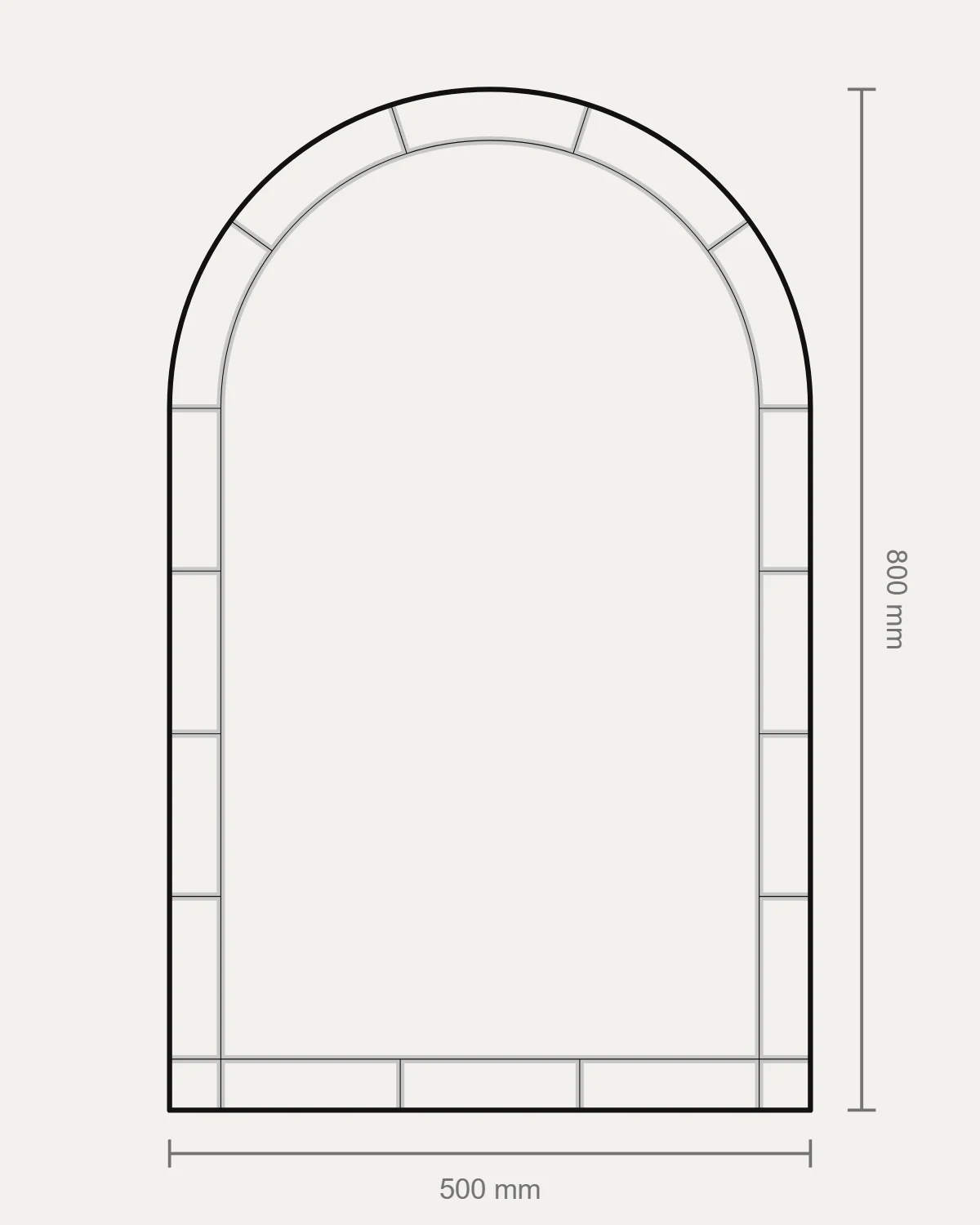 A new round-topped panel, 500 by 800 mm, with a border of pieces, measured as New panel draws it.