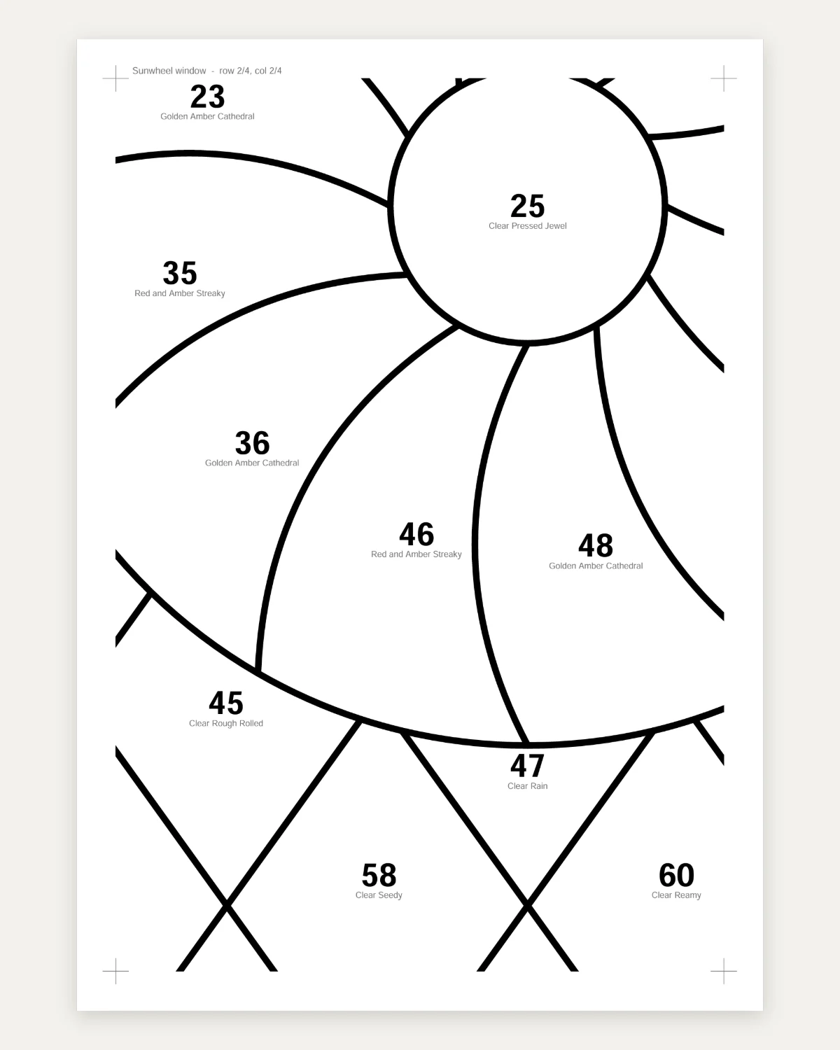 A page of the Sunwheel window's cutting pattern: the pressed jewel and the petals round it, each piece's number in bold with its glass's name under it, lines 2 mm wide, a cross at each corner and the page's row and column at the top.