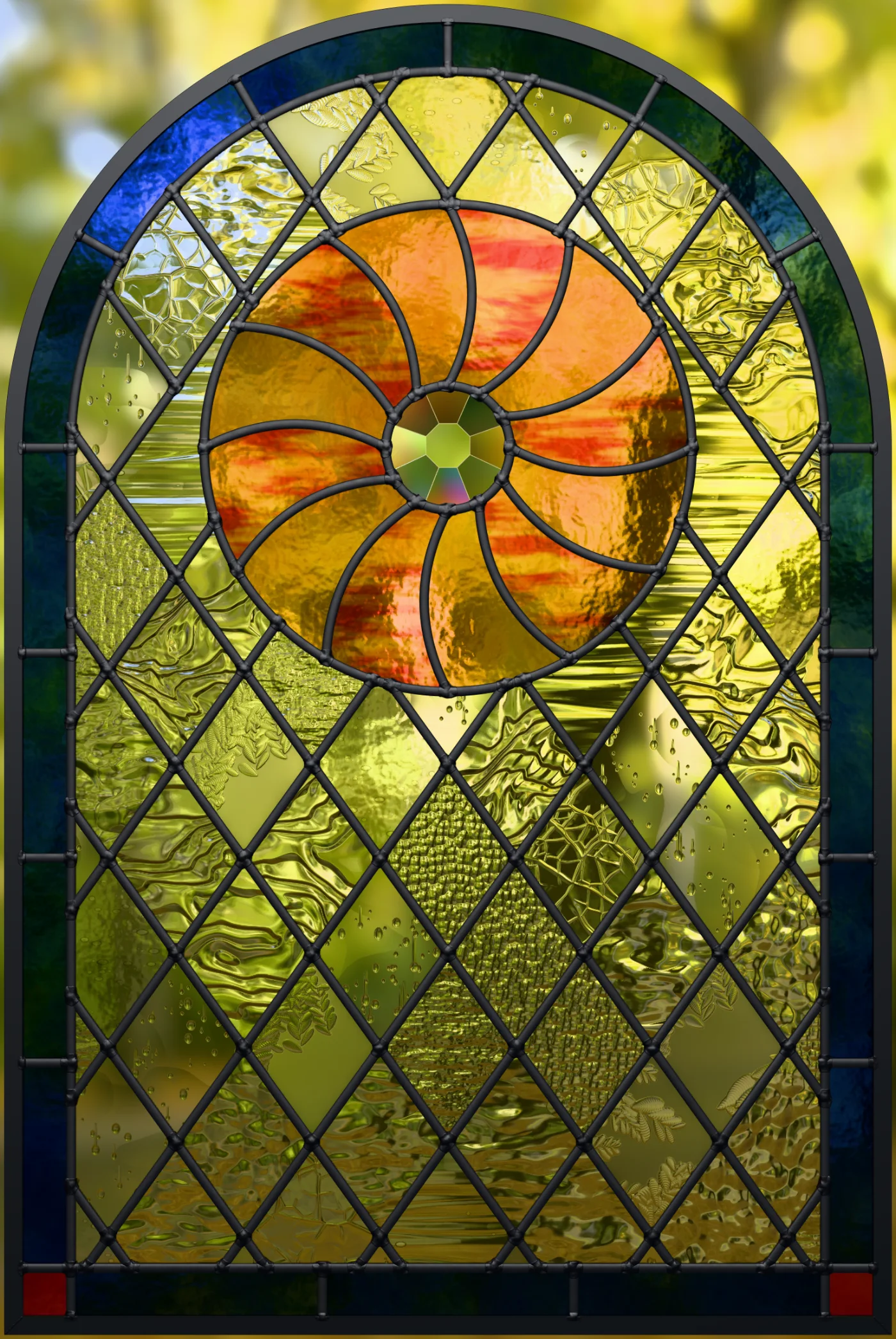 The Sunwheel window glazed, in a golden evening light: a cobalt border, an amber sunwheel round a pressed jewel, and clear textured quarries.
