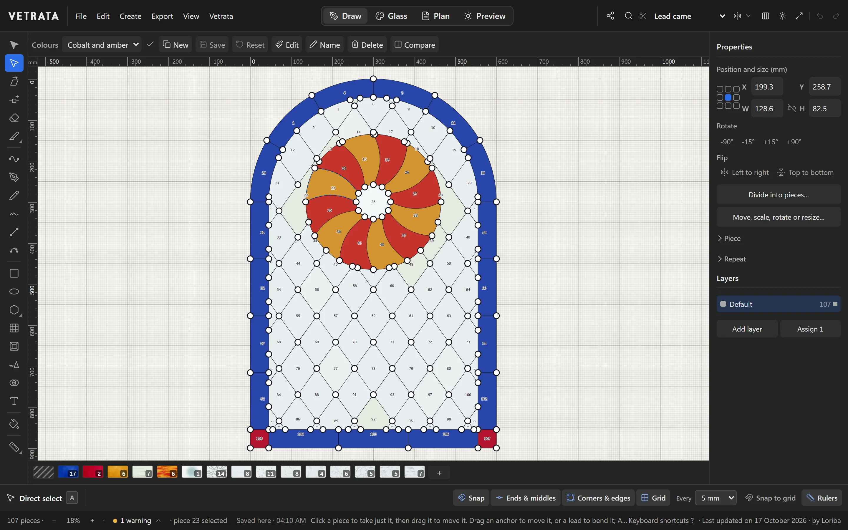 A piece of the Sunwheel's rosette taken with Direct select, its anchors shown, and its position, size, rotation and flip in the Inspector.