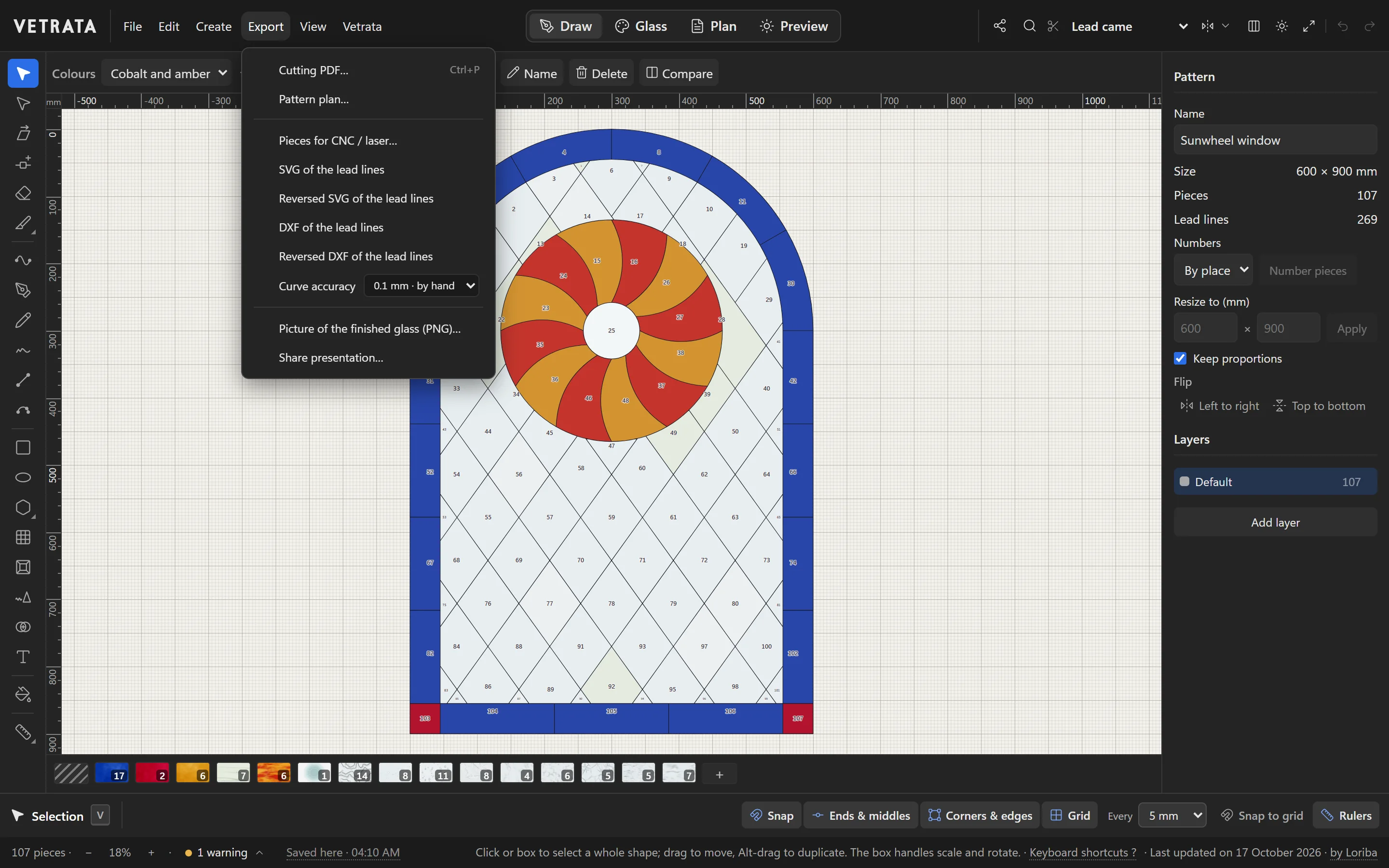 The Studio's Export menu: the cutting PDF and pattern plan, the picture of the finished glass, the SVG and DXF of the lead lines and their reversed versions, and Pieces for CNC or laser.