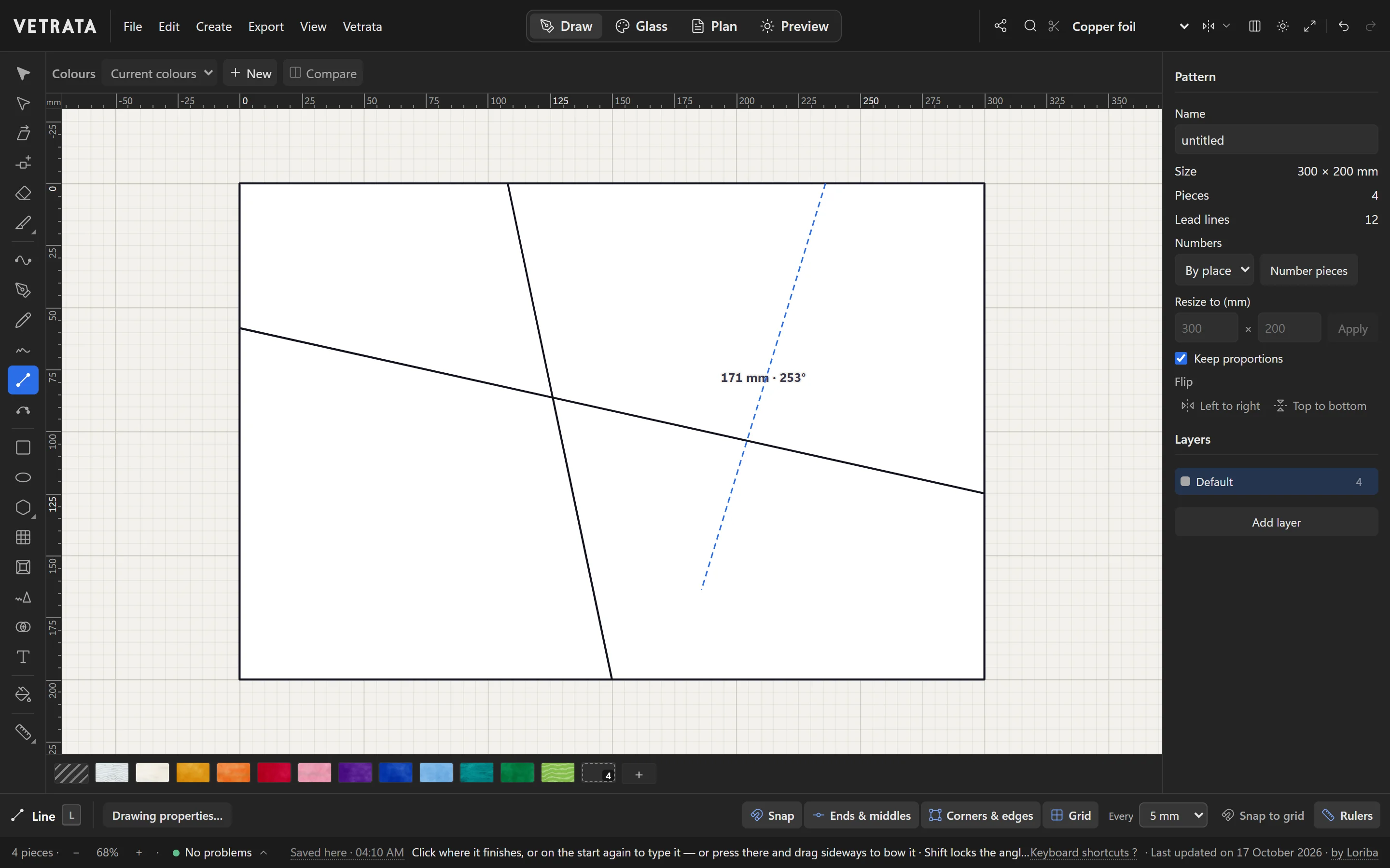 Drawing with the Line tool on a blank panel: two leads already cross it, and a third runs from the top edge with its length and angle shown beside it.