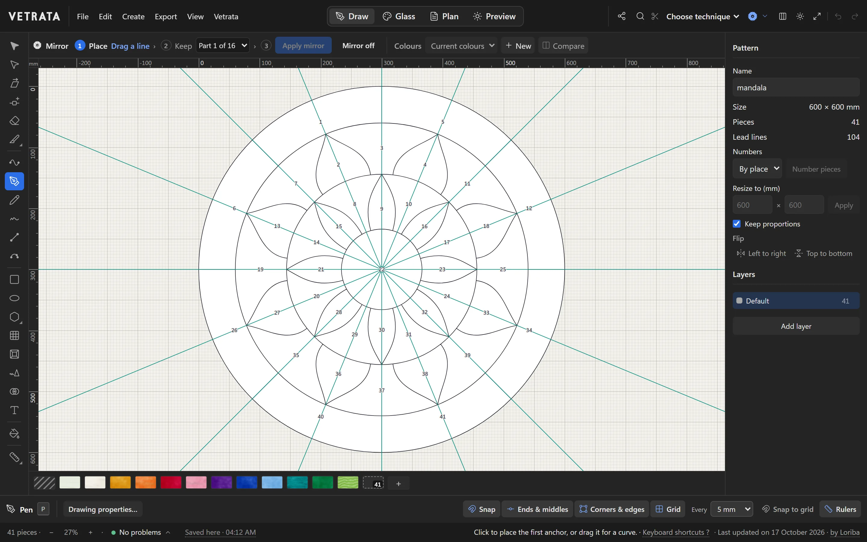 A mandala open with its Mirror on: sixteen mirror lines through the centre, and the Mirror's steps along the bar above the drawing, at Part 1 of 16.