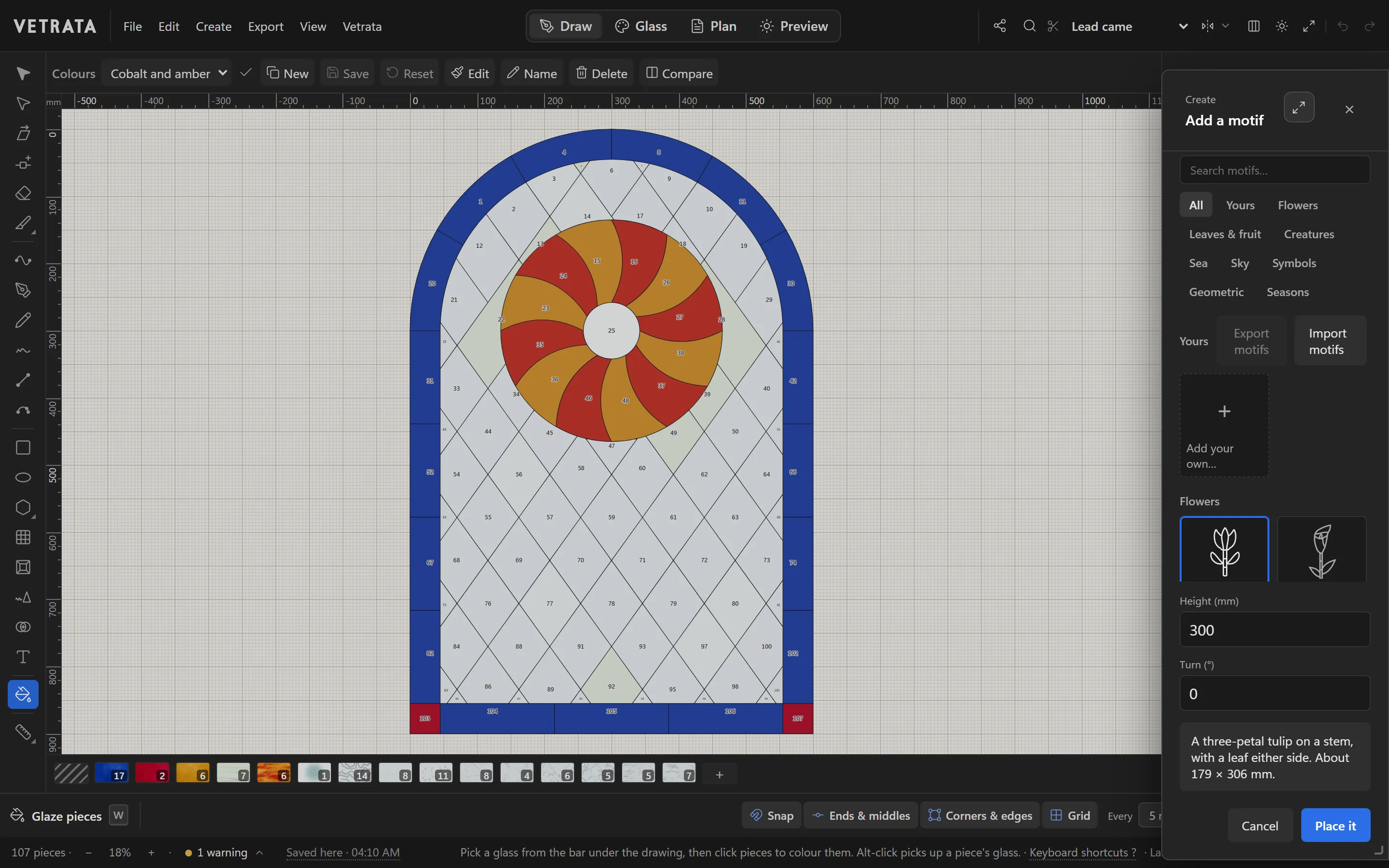Add a motif open beside the Sunwheel window: subjects from Flowers to Seasons, a tulip chosen, its height and turn, and Place it.