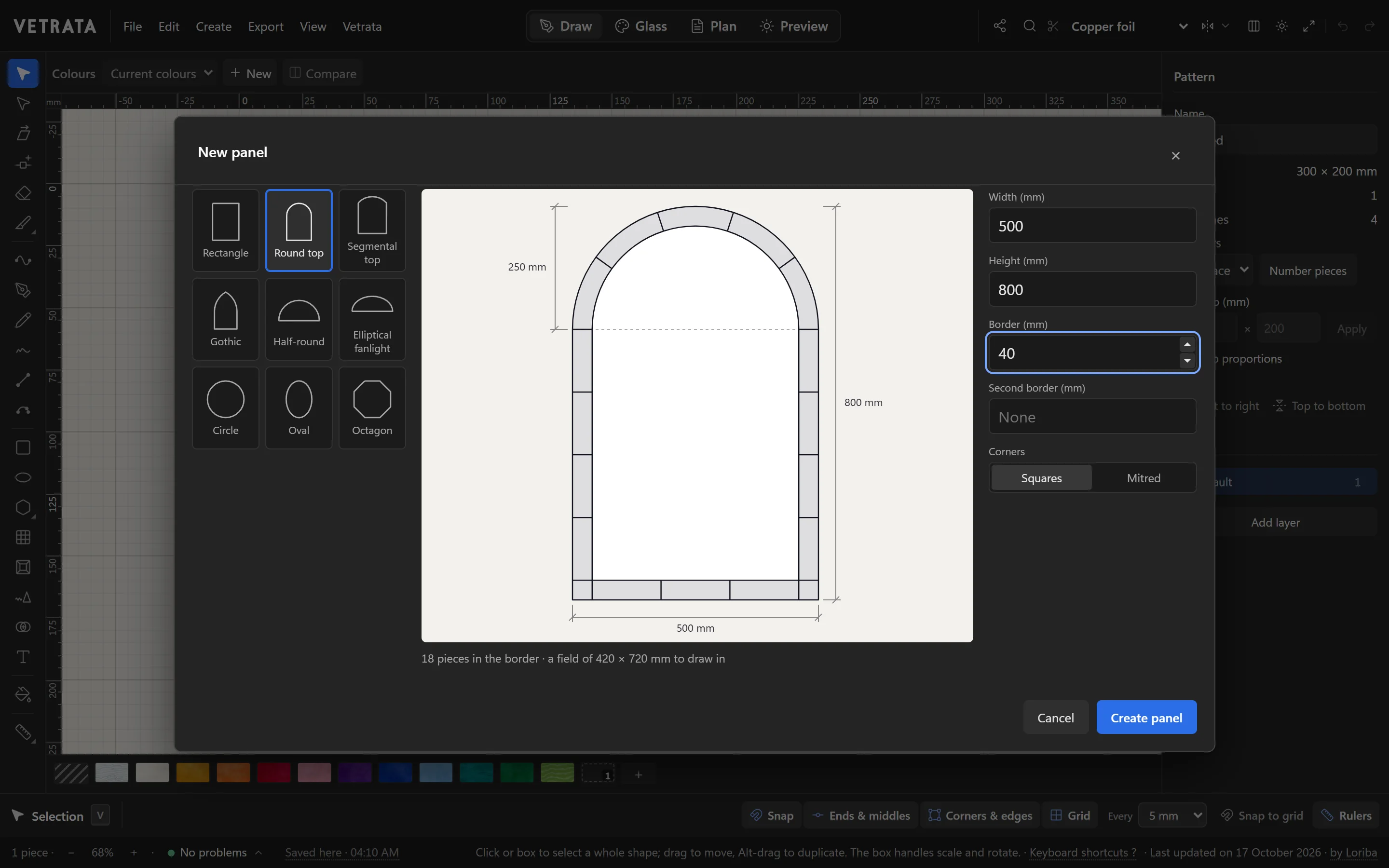 The New panel dialog: nine shapes down the left with Round top chosen, a 500 by 800 mm round-topped panel with a 40 mm border drawn to scale, and the width, height and border fields on the right.