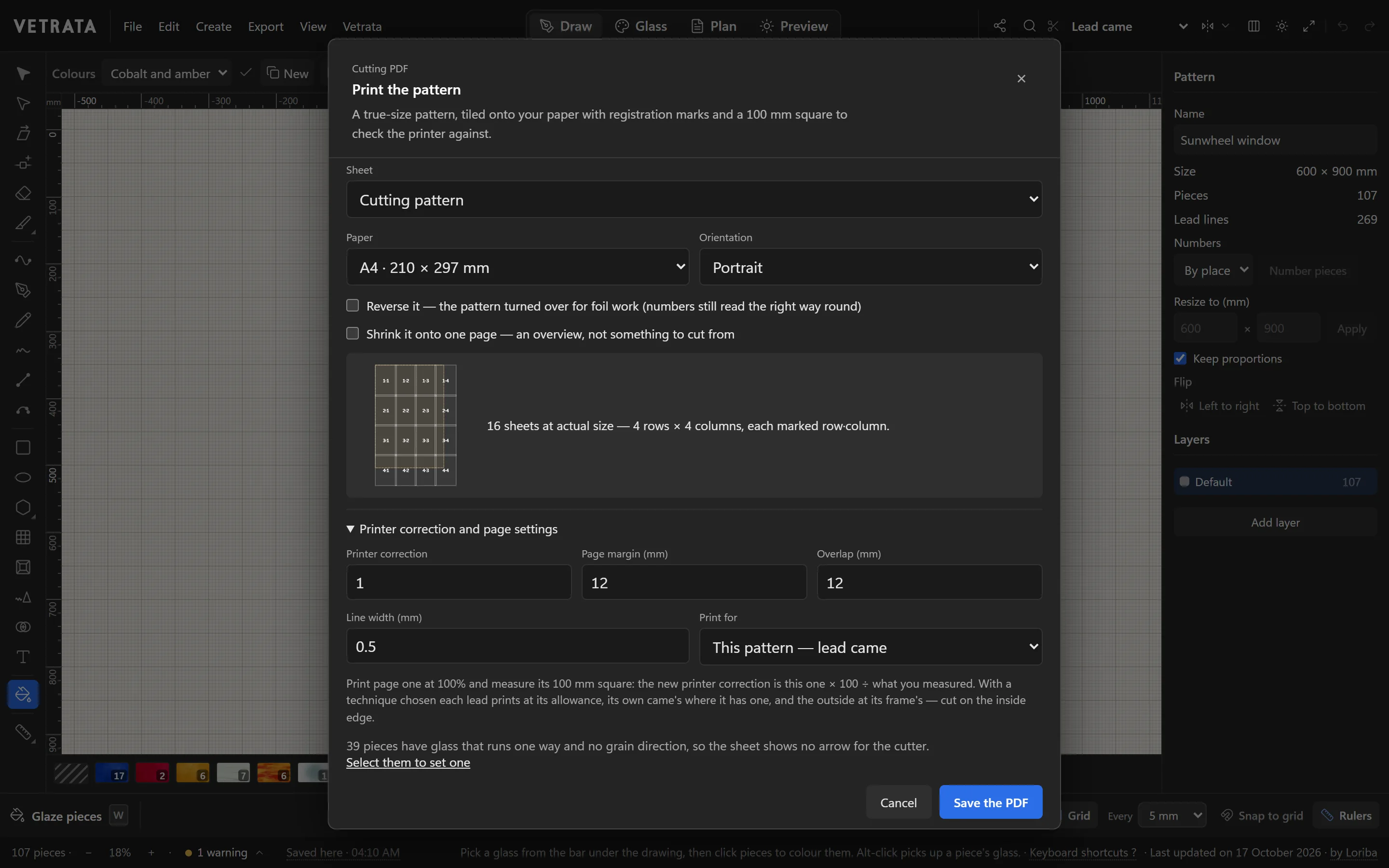 The Studio's Cutting PDF dialog with its printer correction open: print page one, measure its 100 mm square, and type the correction.