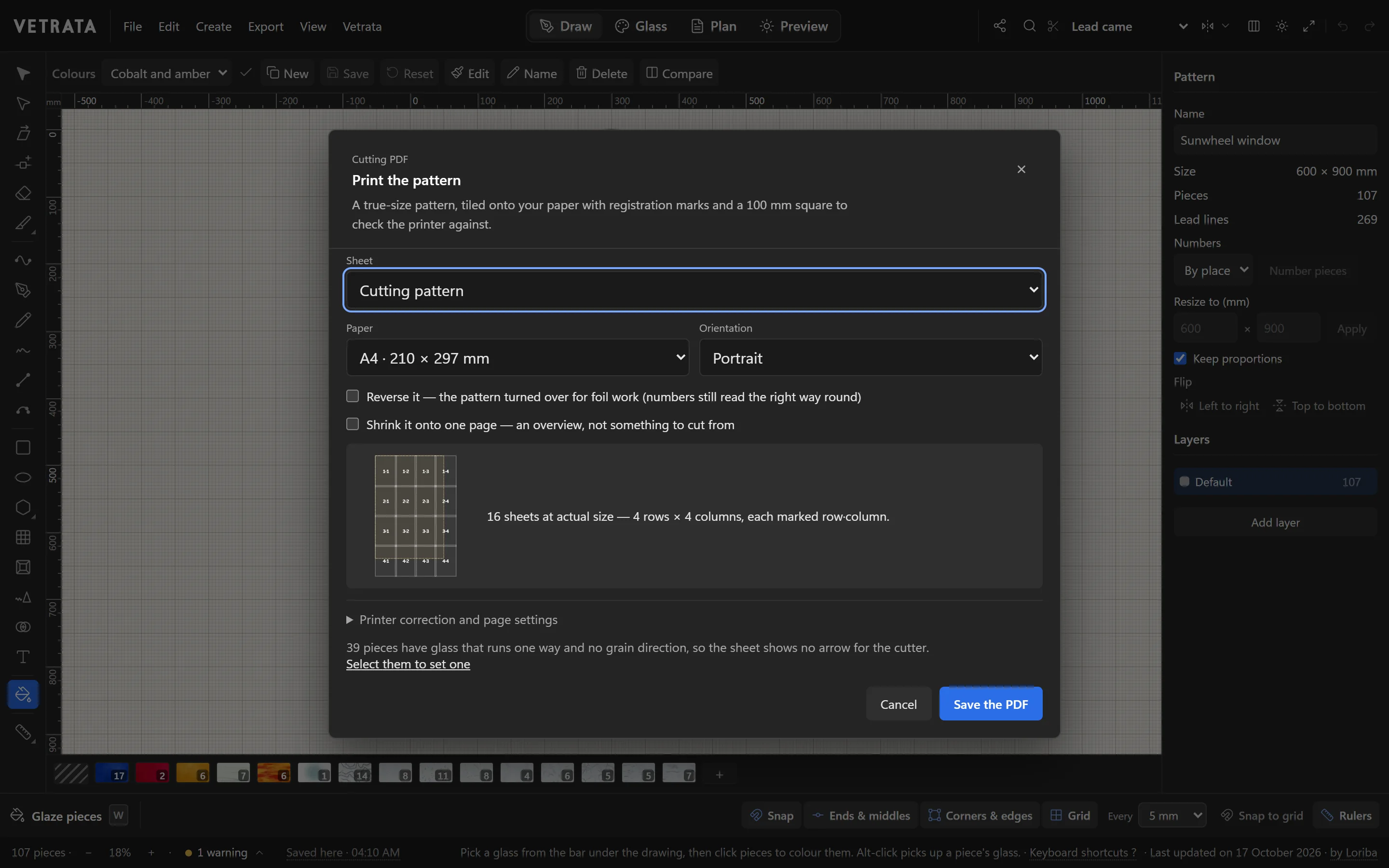 The Cutting PDF dialog: the cutting pattern on A4 portrait, tiled onto 16 sheets, four rows by four columns, with options to reverse it or shrink it to one page.
