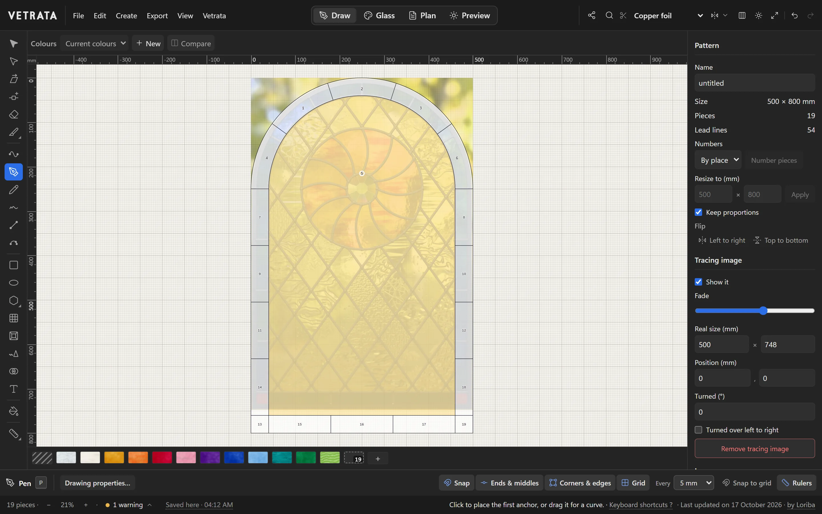 A photo of a window placed under a new round-topped panel as a tracing image, faded, with its real size, position and turn in the Inspector.